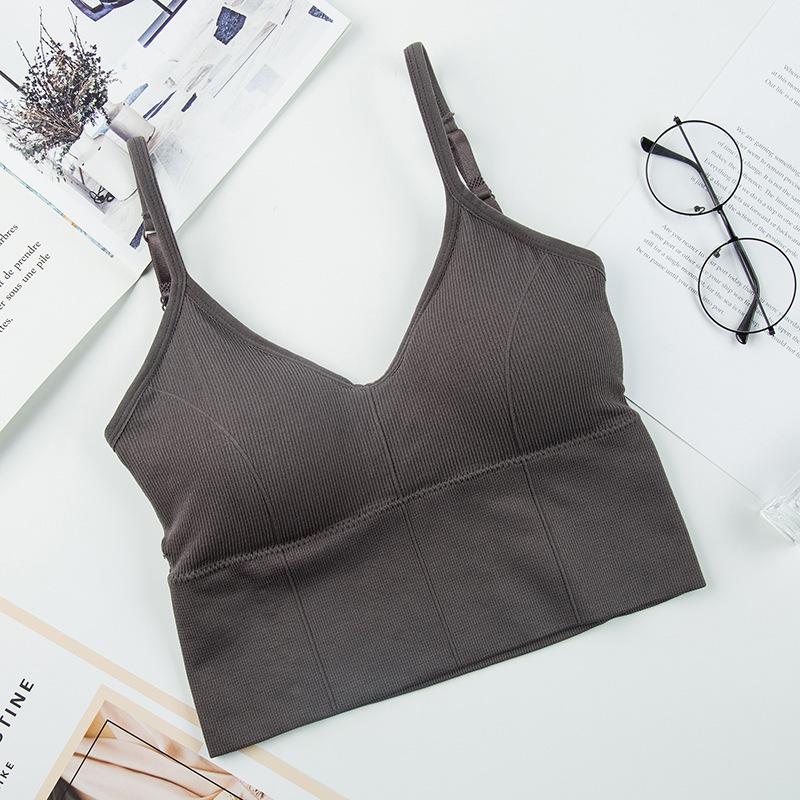 Women's Ribbed V-Neck Cami Top, Seamless U-Back Bralette with Built-in Bra