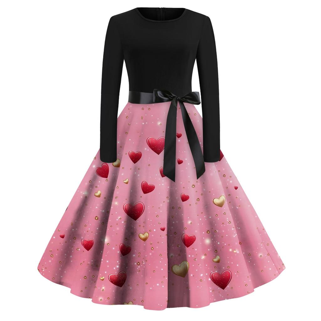 Women's Printed Round Neck Big Hem  Skirt Pleated Skirt Long Sleeved Dress Dress
