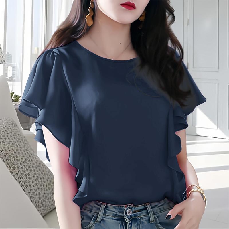 

ZANZEA Женская повседневная блузка с круглым вырезом, свободного кроя, с оборками, с коротким рукавом, однотонная M тёмно-синий