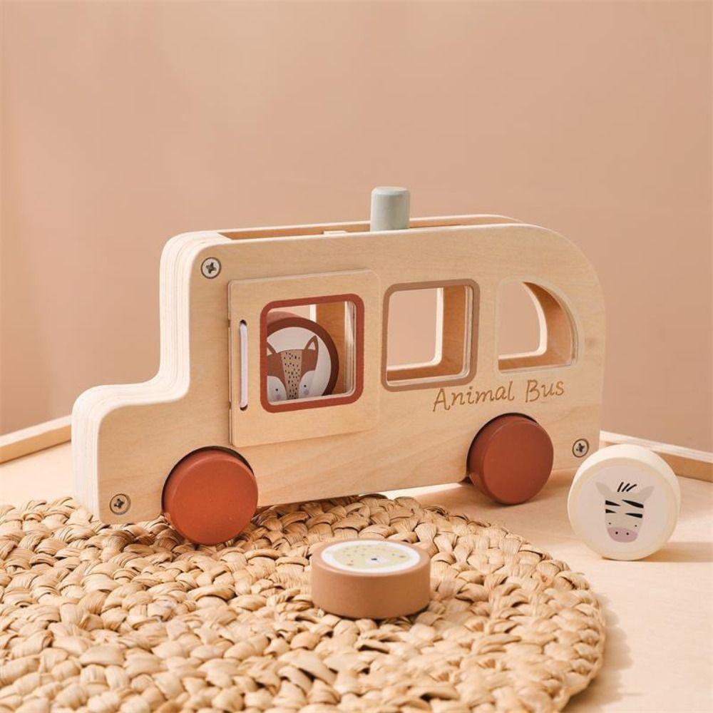 Wooden Material Hand-pushed Car Cylinder Blocks Wooden Cartoon Animal Bus  Early Learning
