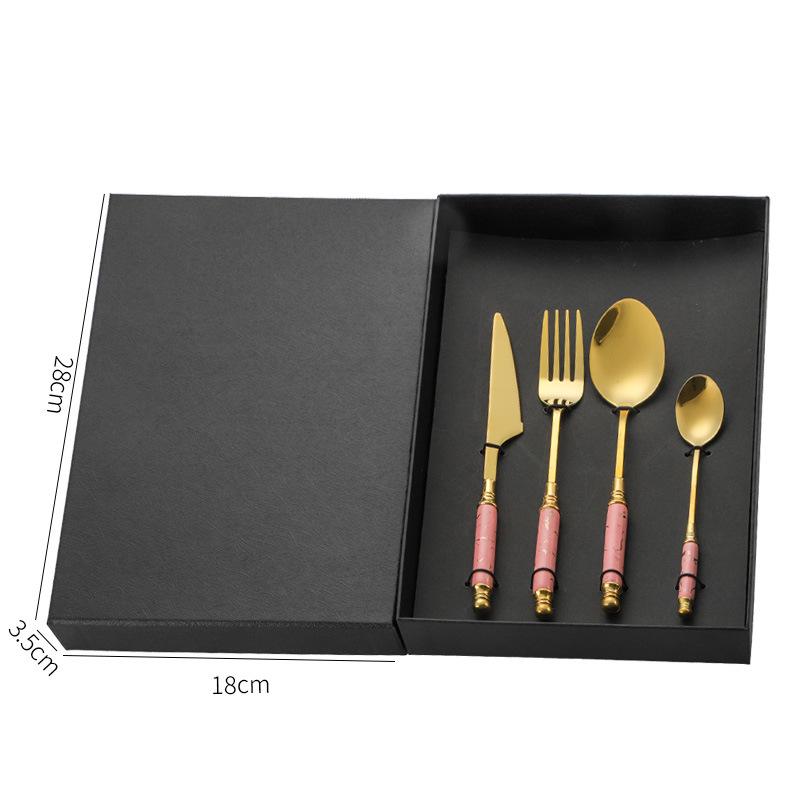 Emerald Marble Pattern 5-Piece Cutlery Set: Stainless Steel Knife, Fork, Spoon with Ceramic Handles