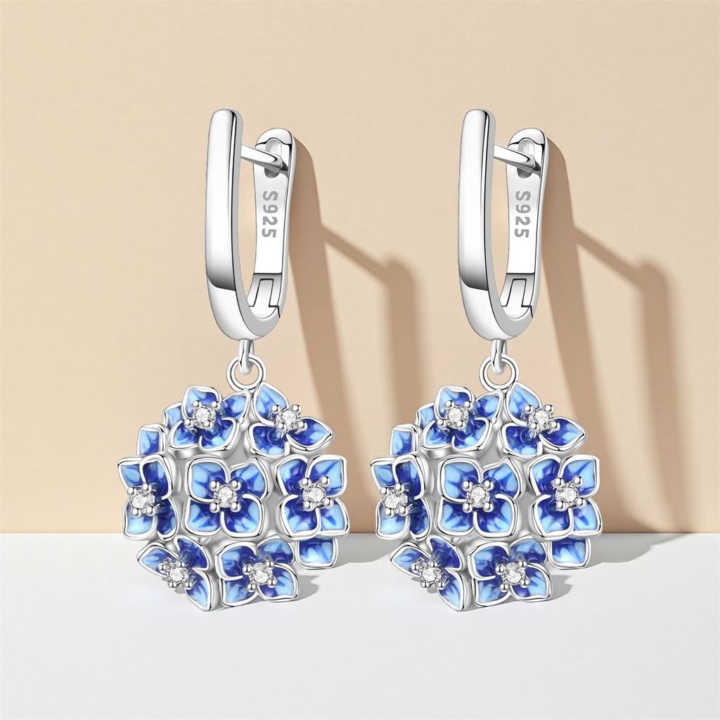 925 Sterling Silver Blue Hydrangea Flower Drop Earrings Women Earrings Charm Fashion Versatile Party Jewelry Gifts