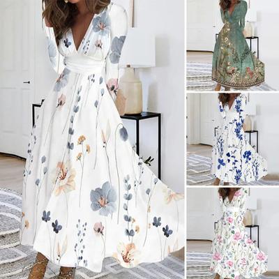 Women Elegant Floral Print Maxi Dress V-neck Long Sleeve High Waist Gown Dress A-Line Long Dress Streetwear