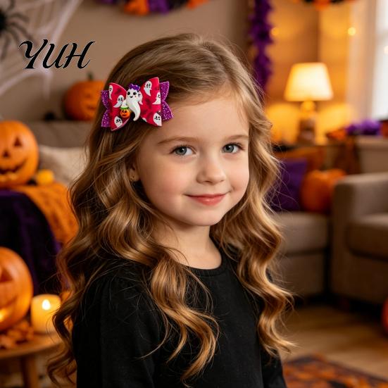 Cute Halloween Hair Accessories Glitter Bow Clips for Kids Baby Girls, Double Layer Party Dress Up Supplies Ghost/Pumpkin/Eyeball Bowtie Pins
