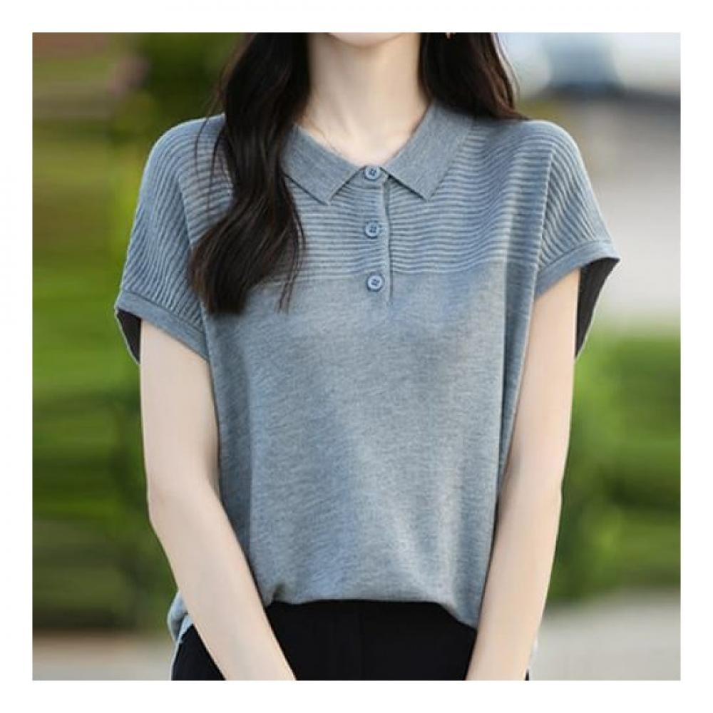 Navava Women Simple Rib Cap Sleeve Collar KniT T shirT Nk2212