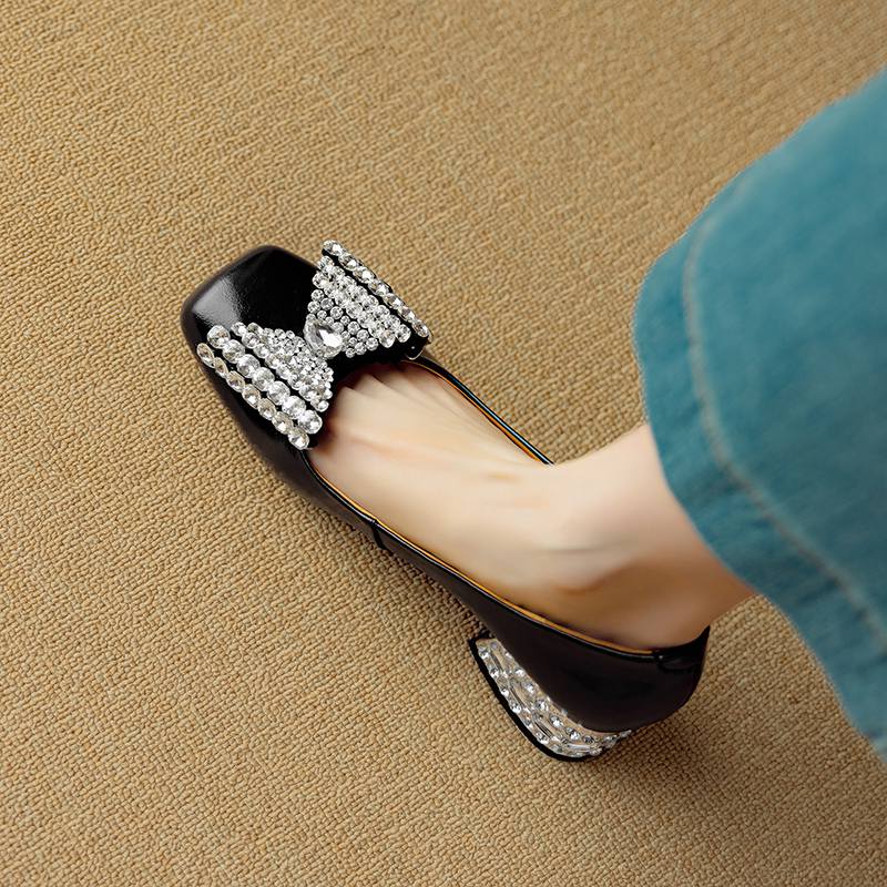 Krazing Pot Cow Skin Summer Size 40 Med Heels Crystal Butterfly-knot Decoration Square Toe Diamond Heels Gladiator Pumps