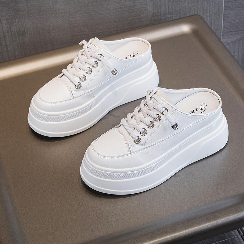 Meias-Pantufas Couro Genuíno Sapatos Casuais Femininos Plataforma Pantufas Femininas Cadarço Sapato Salto Branco Cano Baixo Calçado Feminino
