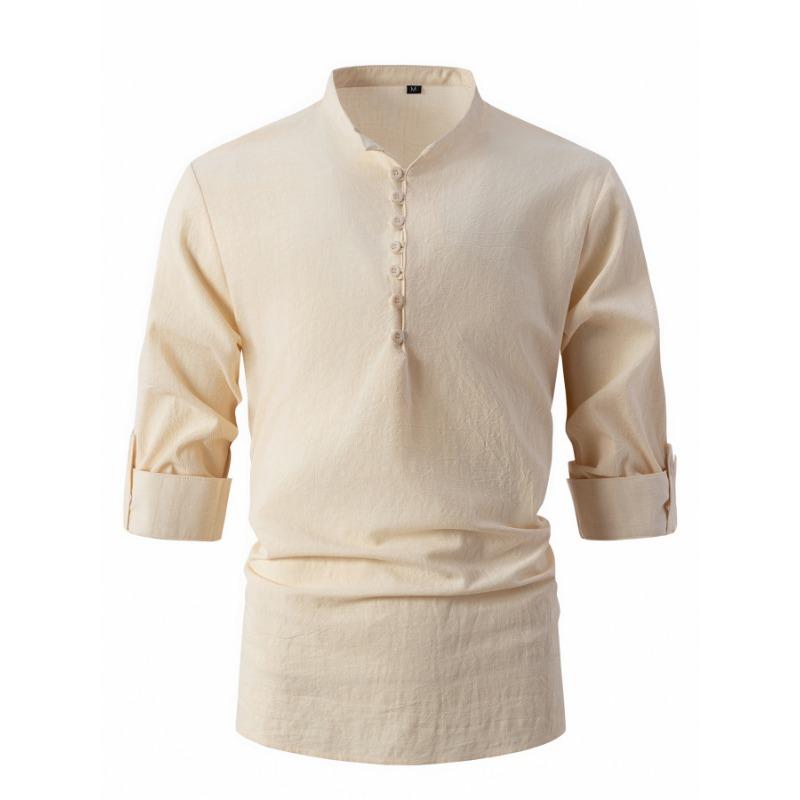 Fashionable Retro Men's Spring Autumn Cotton Linen Stand Collar Slim Fit Casual Shirt Long Sleeved Shirt