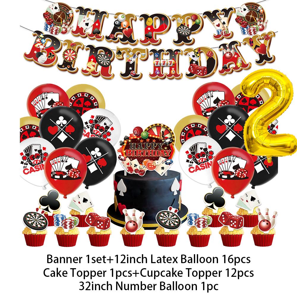 Casino Poker Chips Theme Birthday Party Decorations Playing Cards Money Golden Glitters Red Curtain BalloonS Cake Topper Banner