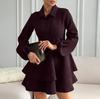 European and American style stacked ruffle edge shirt skirt women's high-end a-word skirt long-sleeved lapel elegant temperament dress