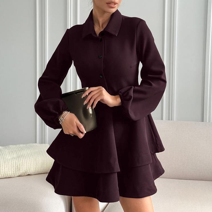 European and American style stacked ruffle edge shirt skirt women's high-end a-word skirt long-sleeved lapel elegant temperament dress