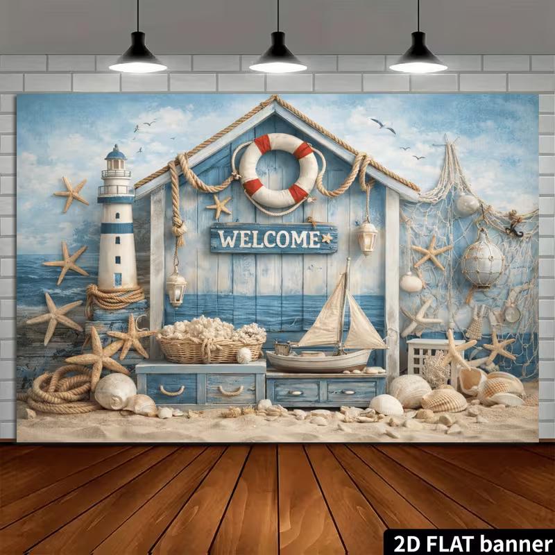 2D Vintage Beach House Nautical Backdrop with Fishing Net & Lifebuoy