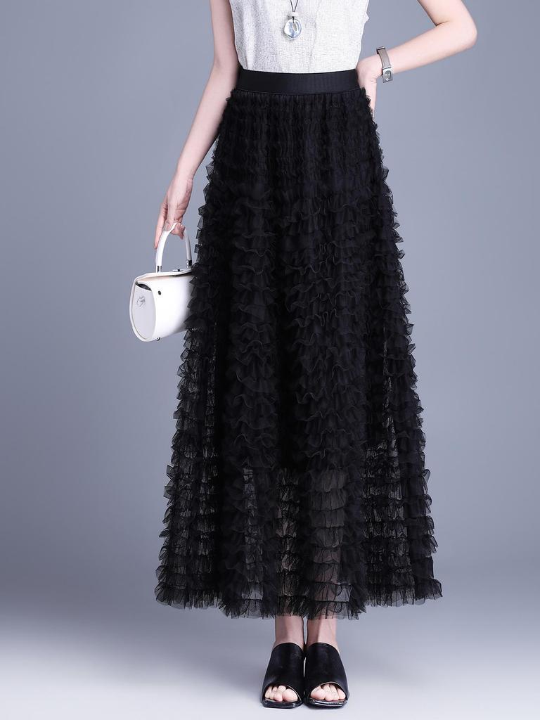 Elegant Mesh Fluffy Cake Skirt - Spring 2026 A-Line Midi with Wide Hem