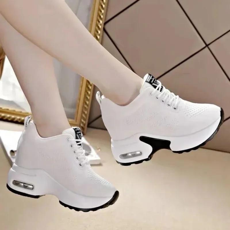 Fashion Women Mesh Breathable Casual Sneakers Women Spring Platform Heels Wedges Height Increasing 2025 Knitted Ladies Vulcanized Shoes