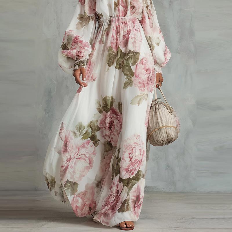 European & American 2026 Fashion Print One-Shoulder Lantern Sleeve Elegant Dress