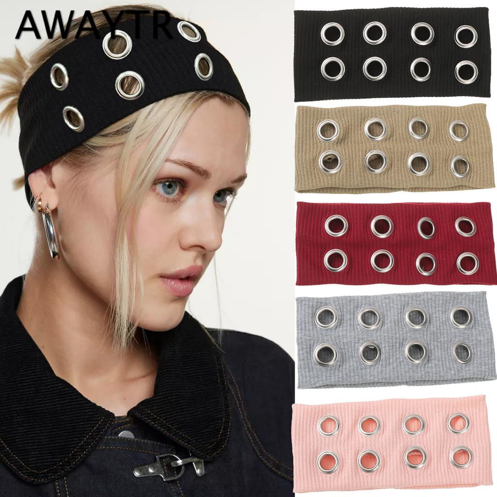 AWAYTR Punk Mädchen Stoff Hohl Elastische Stirnbänder Metall Rock Personalisiert Hohl Ösen Haarband Lässig Sport Ösen Stirnband