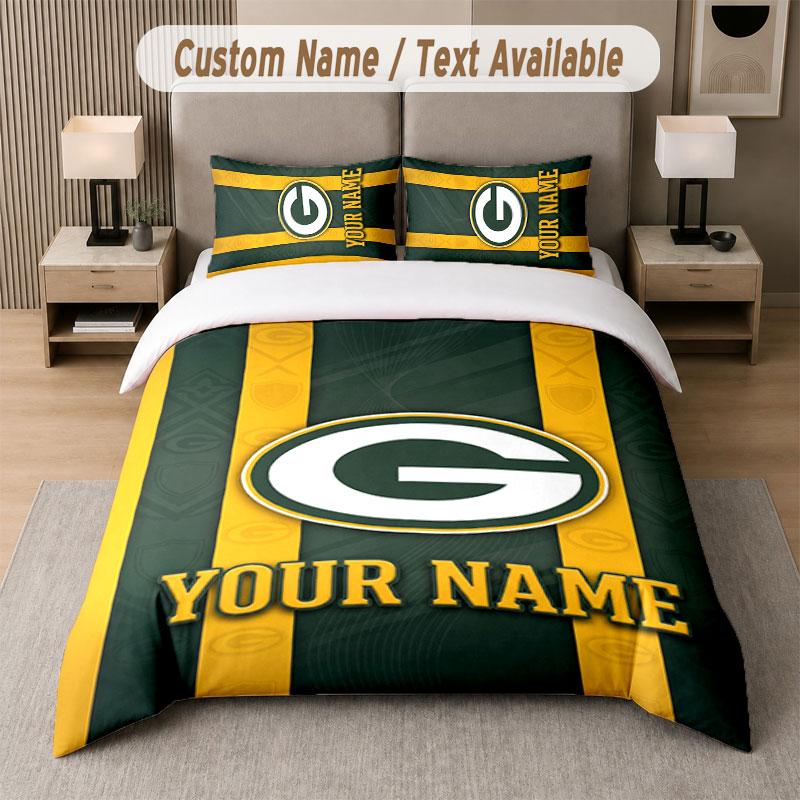 Custom Bedding Set Green Bay Packers Pattern, Print Name Text 1 Duvet Cover Plus 2 Pillowcases Home Textile