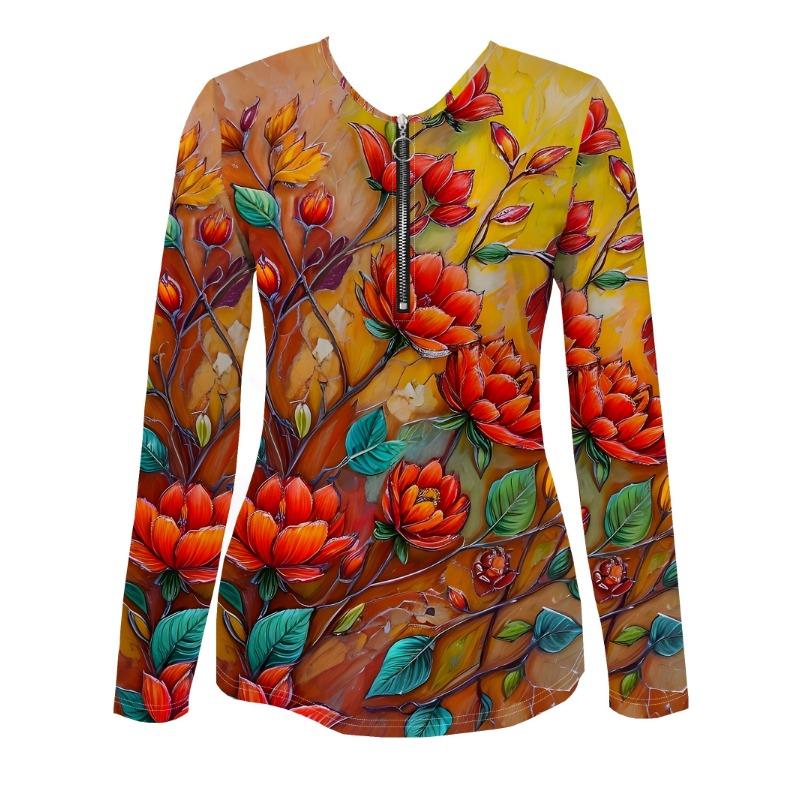 All-over Printed Floral Pattern Zipper T-shirt, Casual Long-sleeved Top, Suitable for Spring and Autumn, Suitable for Home and Outdoor Wear