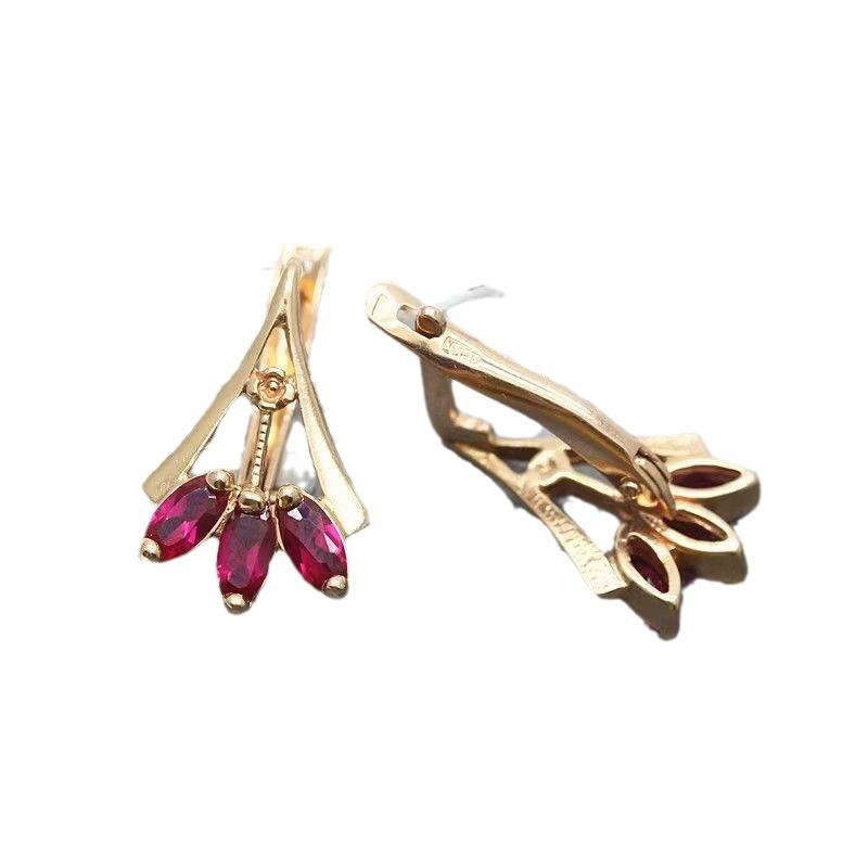 Exquisite Russian Rose Gold-Plated Purple Gold 585 Fan-Shaped Horse Eye Stud Earrings Inlaid With Red Zircon Earrings French Jewelry