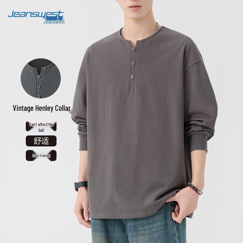 Jeanswest Men's Pure Cotton Loose Fit Long Sleeve Henley Top