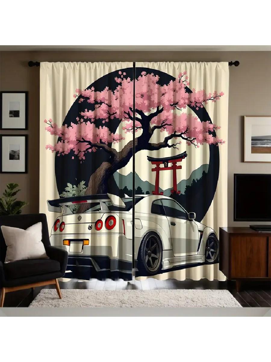

2pcs Japanese Cherry Blossom Sports Car Printed Curtains, Designed for Light Filtering, Quality Material, Ideal for Auto Enthusi 24x59in(60x150CM)x2&Rod Pocket