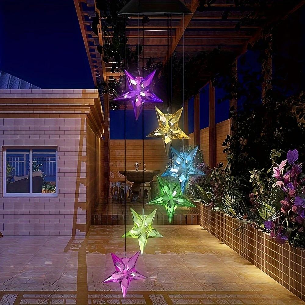 1pc Star/Moon Shaped Wind Chime With Solar LED Light Outdoor Balcony Colorful Hanging Lamps For Home Garden Yard Walkway Decor