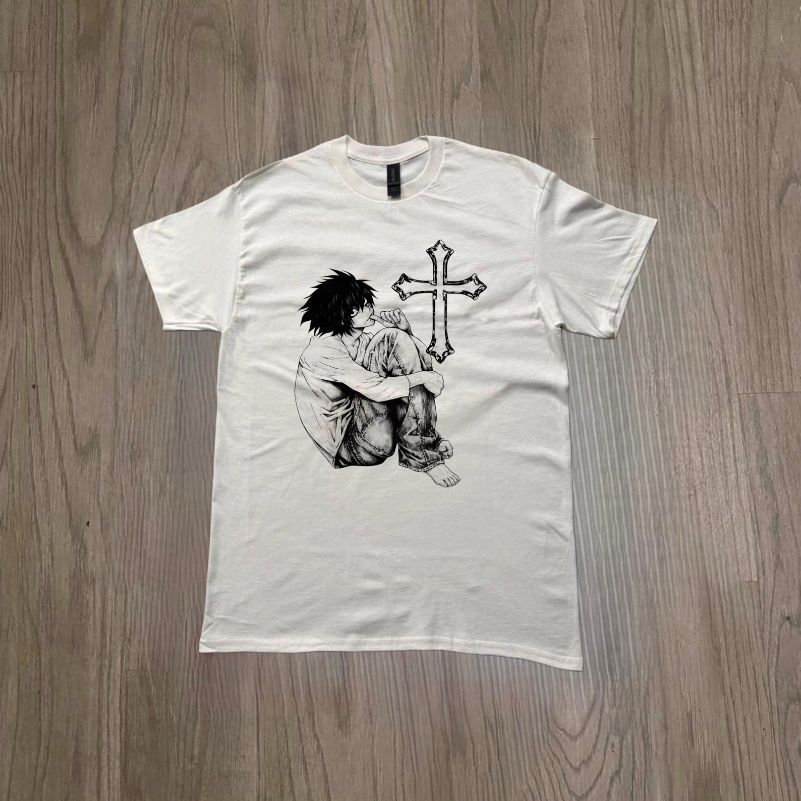 Anime Goth Cross Shirt, Dark Anime Graphic Tee, Gothic Streetwear Shirt, Y2K Emo Anime Tee, Unisex Black White T-Shirt S