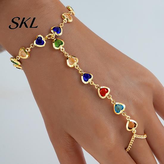 Girly Style Bracelet Hand Chain with Ring for Women, Colorful Heart Shaped Lightweight Jewelry Faux Crystal Healing Jewelry, Gifts Best Friend Sister