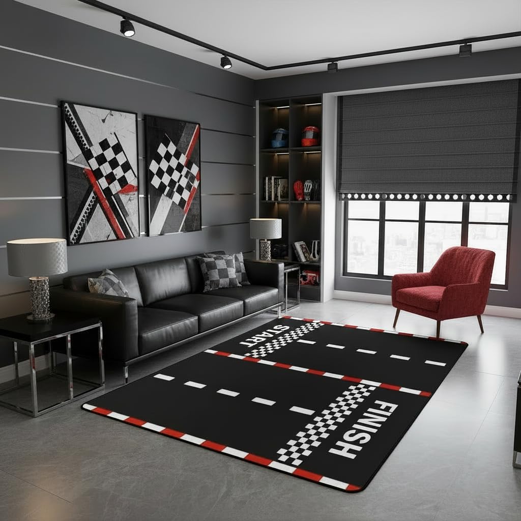 Racing Sports Car Rug, Checkered Flag Yellow Splash Print, Non-Slip Washable Soft Mat for Living Room Sofa Dining Room Indoor