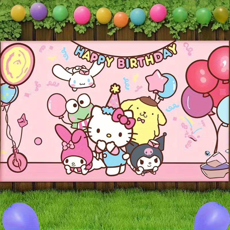 

2D Kawaii Sanrio Characters Happy Birthday Banner, Kids Photography Background 47.2x31.5inch/120*80cm