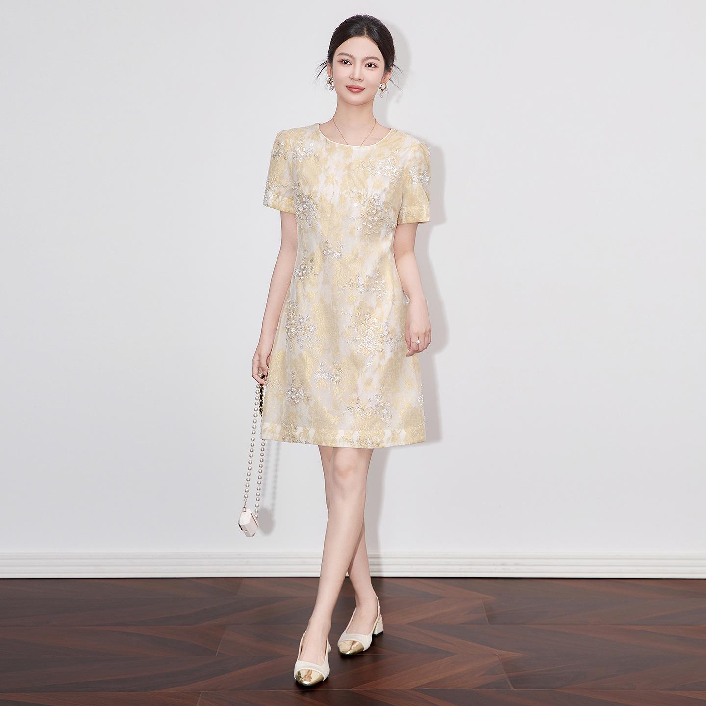 

Women s Summer A-Line Dress: Heavy Industry Embroidered Beaded Lace, Round Neck, Short Sleeve by Nanyou Design L бежевый