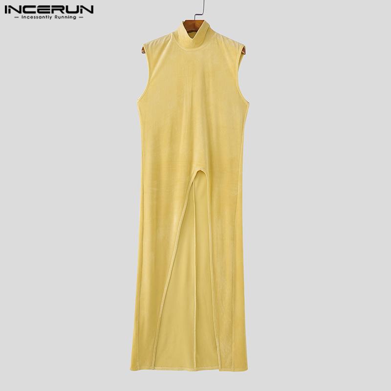 INCERUN Men Turtleneck Sleeveless Ribbed Splits Tops High Low  Long Tunic T-shirts