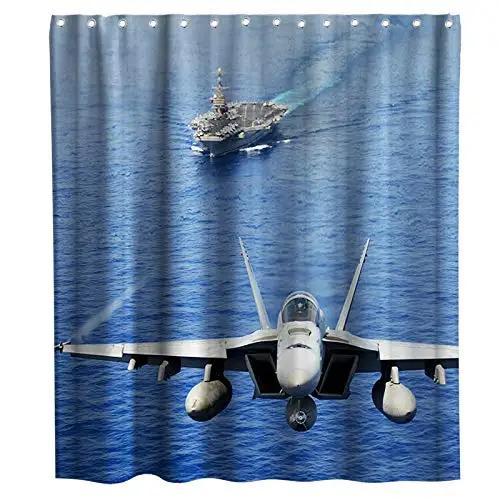 Warcraft Deck Jet Fighter Shower Curtain for Military Fans Bathroom,Warship Plane Coast Shower Curtain Fabric Bathroom Curtains