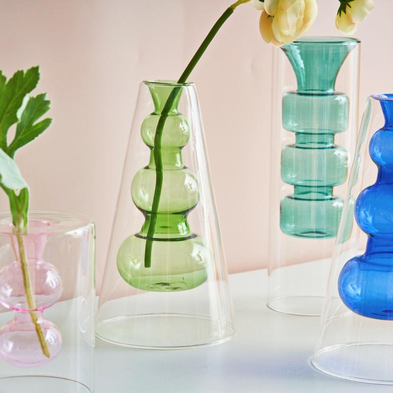 Nordische moderne doppelwandige Vase, kreative hydroponische transparente Glasvase, Wohnzimmer-Desktop-Dekor, personalisiertes Kunstornament