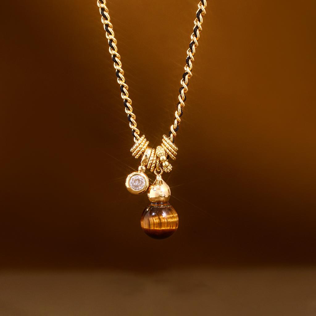 18k real gold electroplated tiger's eye stone gourd necklace new Chinese temperament sweater chain necklace