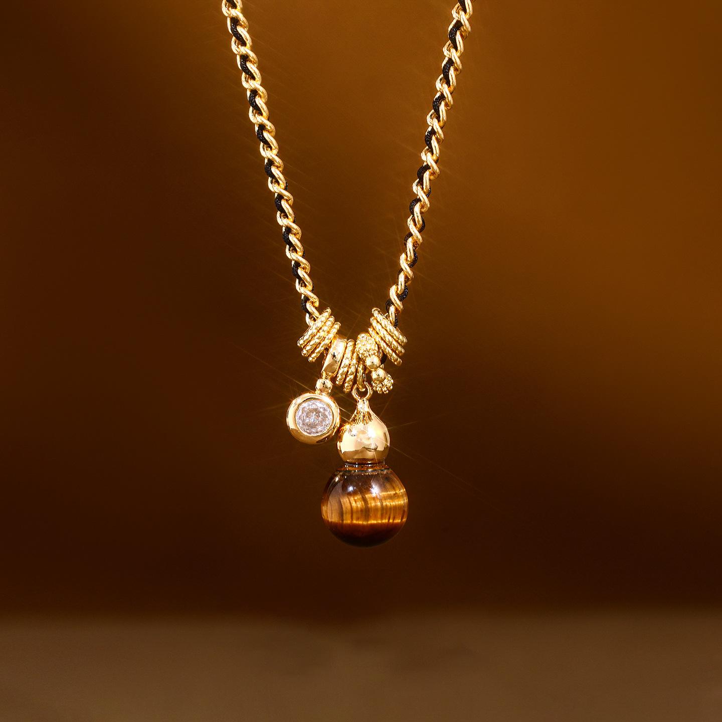 18k real gold electroplated tiger s eye stone gourd necklace new Chinese temperament sweater chain necklace