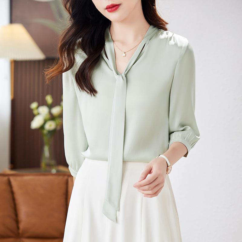 

Seven-quarter-sleeved heavy silk shirt women s new fashion streamer age-reducing top mulberry silk shirt 2XL небо синє кольору