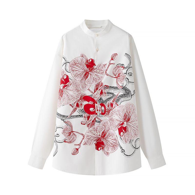 Kaslead New Arrival Women's Fashion Style Versatile Simple Retro Fireworks Long Sleeves round Neck Shirt