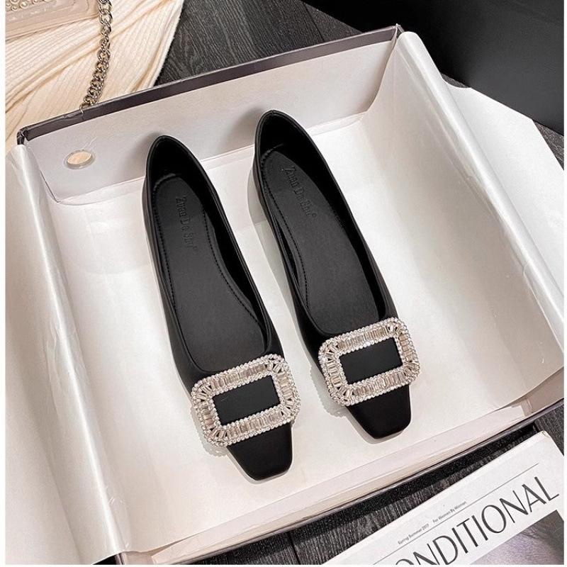 Square head shallow mouth single shoes women's spring flat bottom 2025 new rhinestone with skirt ladyshoes fashionable versatile French single shoes