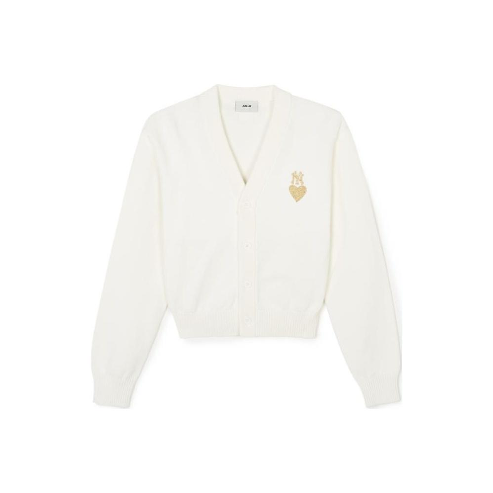 MLB SS24 New York Yankees V-Ausschnitt Knopfleiste Strickjacke Gesticktes Logo Strickwaren Damen Strickjacken Creme 3FKCH0241-50CRS M white