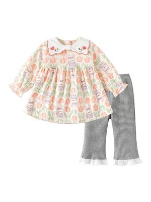 Girls' Floral Print Cotton Two-Piece Set - Long Sleeve Top & Pants for Spring/Autumn