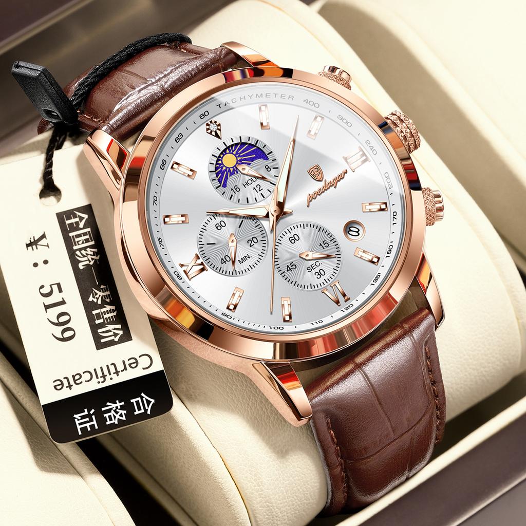 POEDAGAR National Top Swiss Brand Multifunctional Sports Chronograph Moon Phase Men's Watch Quartz Watch