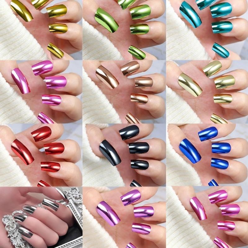 

288Pcs Medium Square Press on Nail With Holographically Metallic Glossy False Nail Full Coverage Acrylic Nail Art 1