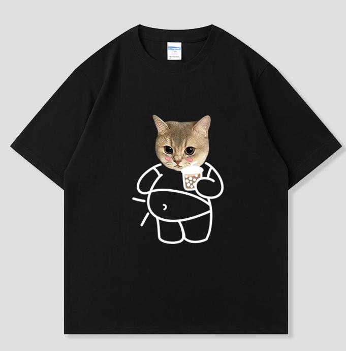 Funny Chubby Cat Bubble Tea Shortsleeved Printed Tshirt Top Unisex Cute Cat Meme Graphic Casual Streetwear for Unisex Black