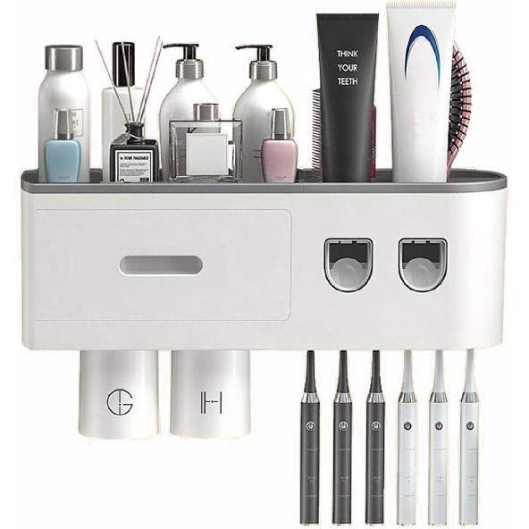 Automatic Toothpaste Dispenser Magnetic Toothbrush 2 Cups Holder 6 Toothbrush Hocks (2 Dispenser 2 Cups) 2 Dispenser 2 Cups