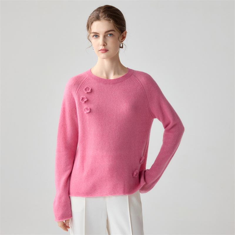 Lekasha 3D Crochet Cashmere Round Neck Long Sleeve Women's Loose Sweater