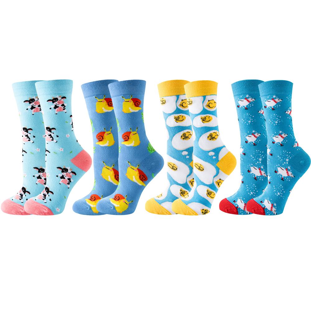 4 Pairs New Fashion Colorful Funny Happy Casual Women Socks Dress Harajuku Cute Cartoon Cat Dog Lemon Donut Girl Cotton Socks
