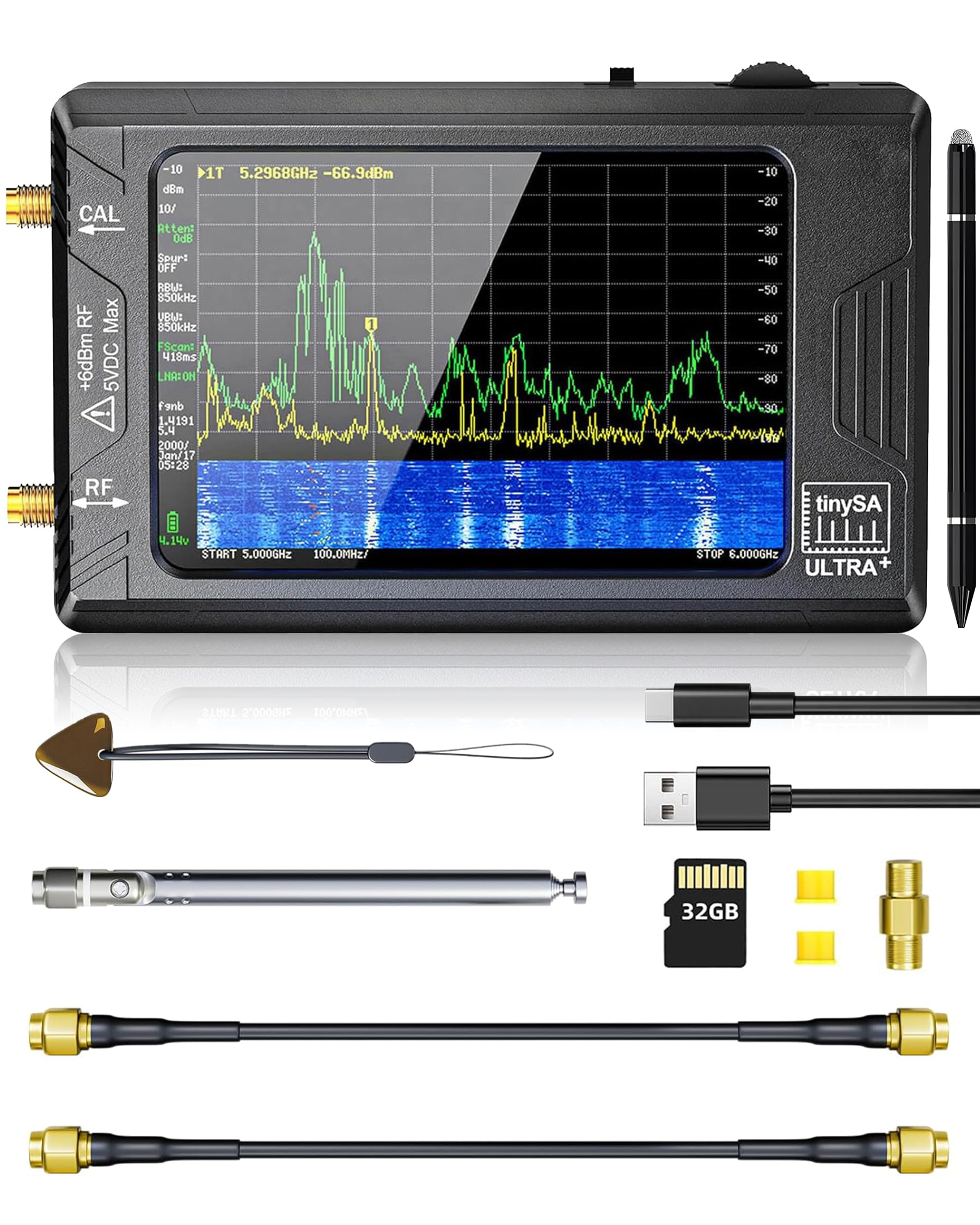 

Hoshikou Denpa Handheld Spectrum Analyzer, TinySA Ultra 4-inch Touchscreen High Frequency Output Signal 100kHz-5.4GHz with 32Gb Card, 2-in-1 Signal