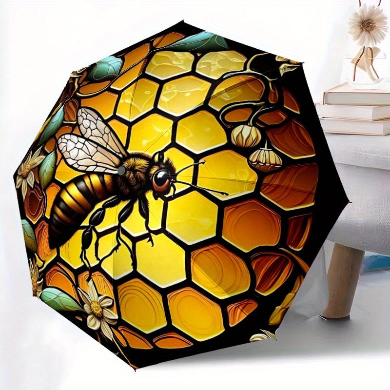 1pc Bee Honeycomb Automatic Open/close Umbrella, 8-Rib Sturdy Structure, Portable Travel Umbrella, Parties, Everyday Use, Outdoor Accessory,