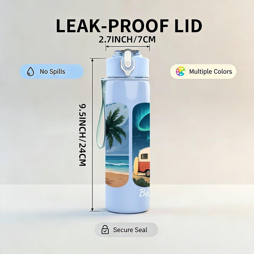 1PC Camper Van Tropical Coast Print 750ml Color Plastic Sports Water Bottle Leakproof Flip Straw Lid Suitable for Sports Office Home Use